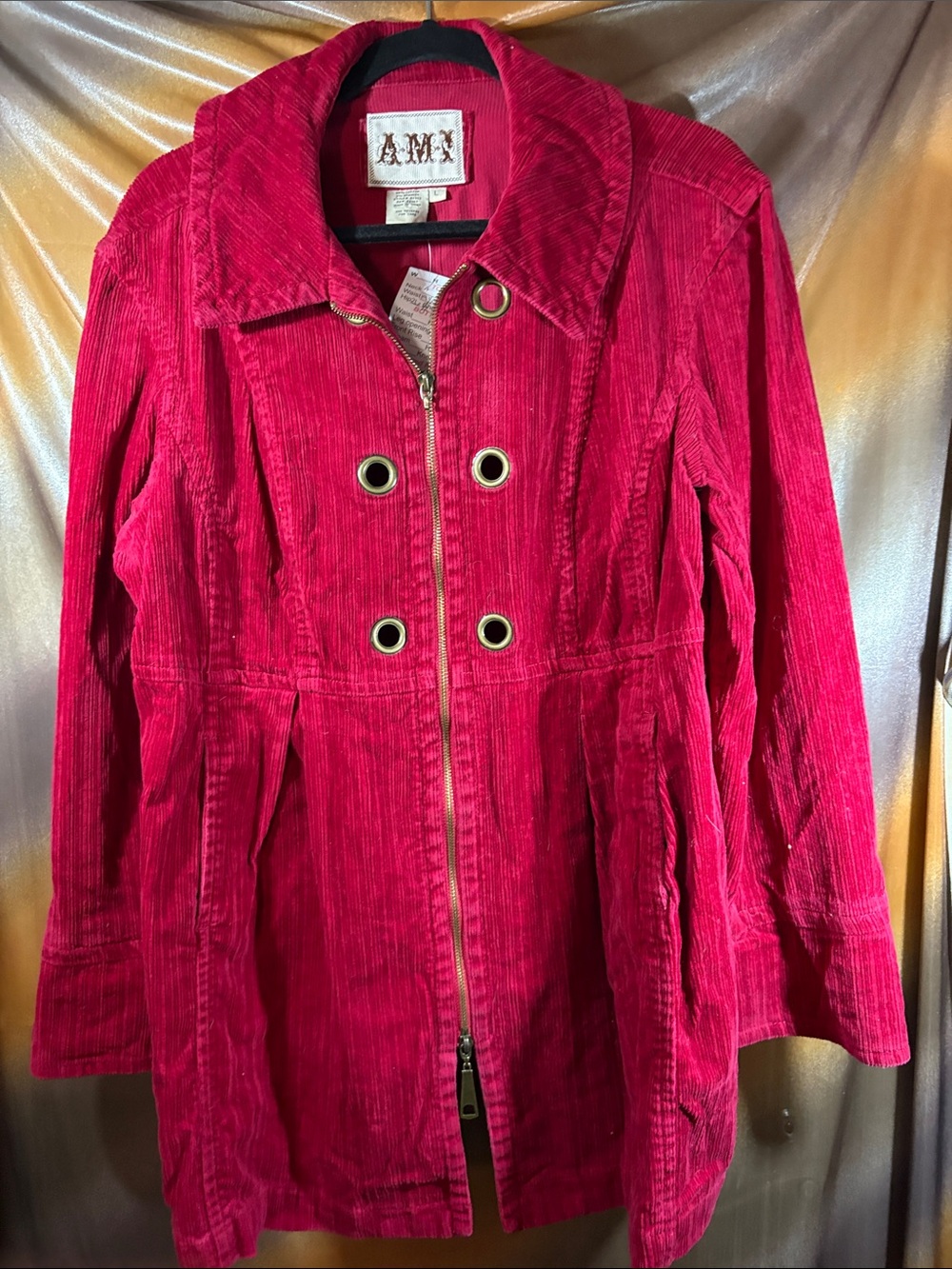 Vintage 90’s Fuchsia/red Corduroy Trench Coat AMI Grommet Detail BB